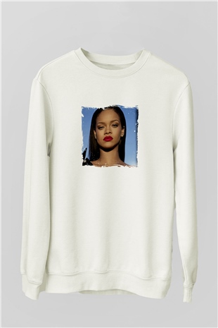 Rihanna Baskılı Unisex Beyaz Sweatshirt