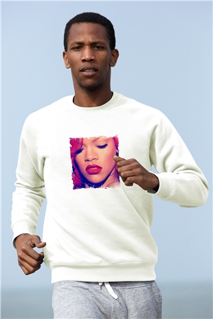 Rihanna Baskılı Unisex Beyaz Sweatshirt