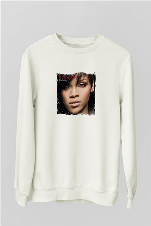 Rihanna Baskılı Unisex Beyaz Sweatshirt