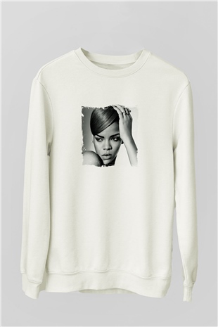 Rihanna Baskılı Unisex Beyaz Sweatshirt