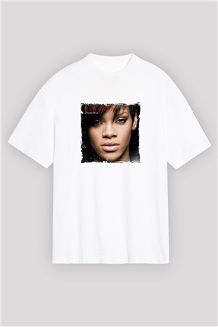 Rihanna Baskılı Oversize Beyaz Tişört