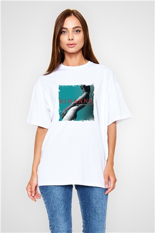Rihanna Baskılı Oversize Beyaz Tişört
