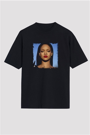 Rihanna Baskılı Unisex Oversize Siyah Tişört