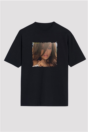 Rihanna Baskılı Unisex Oversize Siyah Tişört