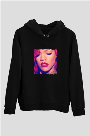 Rihanna Baskılı Unisex Siyah Hoodie