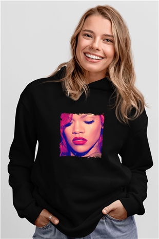 Rihanna Baskılı Unisex Siyah Hoodie