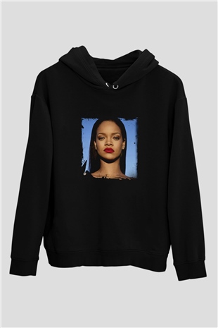 Rihanna Baskılı Unisex Siyah Hoodie