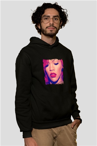 Rihanna Baskılı Unisex Siyah Hoodie