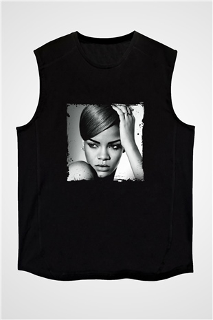 Rihanna Baskılı Unisex Siyah Kolsuz Tişört