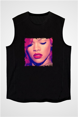 Rihanna Baskılı Unisex Siyah Kolsuz Tişört