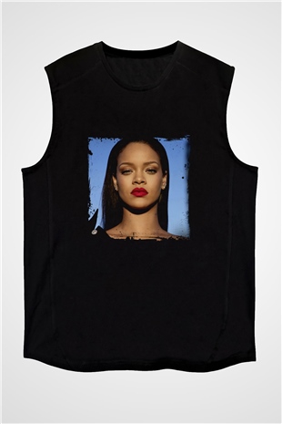 Rihanna Baskılı Unisex Siyah Kolsuz Tişört
