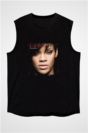 Rihanna Baskılı Unisex Siyah Kolsuz Tişört