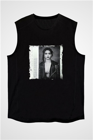 Rihanna Baskılı Unisex Siyah Kolsuz Tişört