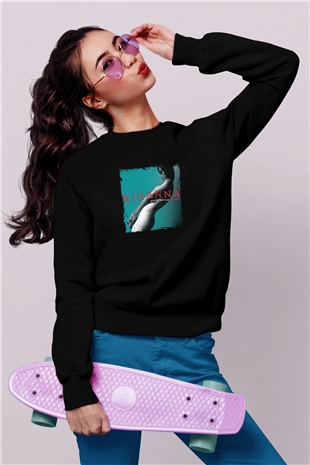 Rihanna Baskılı Unisex Siyah Sweatshirt