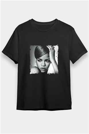 Rihanna Baskılı Unisex Siyah Tişört