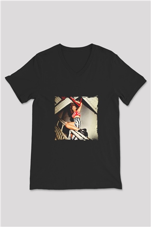 Rihanna Baskılı Unisex Siyah V Yaka Tişört