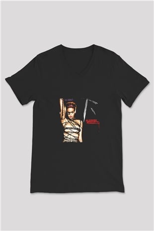 Rihanna Baskılı Unisex Siyah V Yaka Tişört