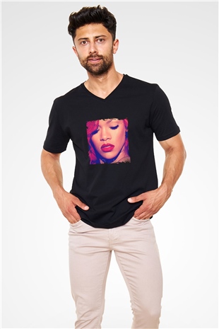 Rihanna Baskılı Unisex Siyah V Yaka Tişört