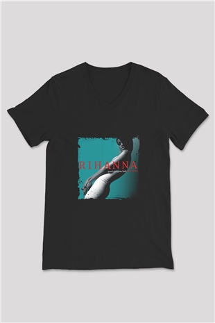 Rihanna Baskılı Unisex Siyah V Yaka Tişört