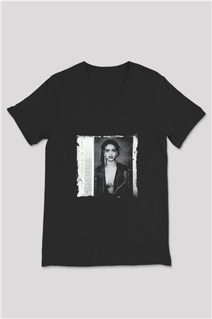 Rihanna Baskılı Unisex Siyah V Yaka Tişört