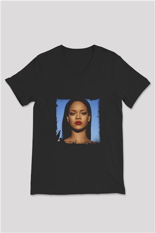 Rihanna Baskılı Unisex Siyah V Yaka Tişört