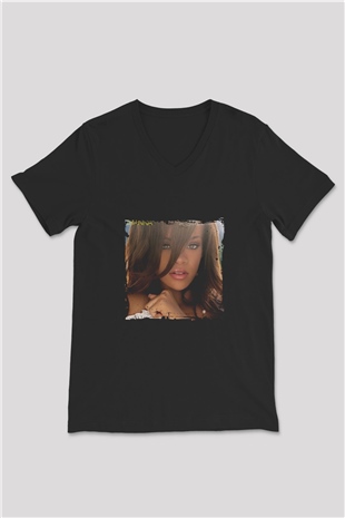 Rihanna Baskılı Unisex Siyah V Yaka Tişört