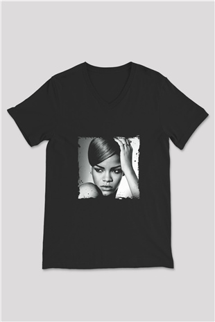 Rihanna Baskılı Unisex Siyah V Yaka Tişört