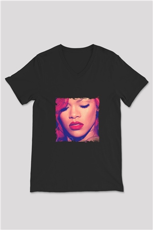 Rihanna Baskılı Unisex Siyah V Yaka Tişört