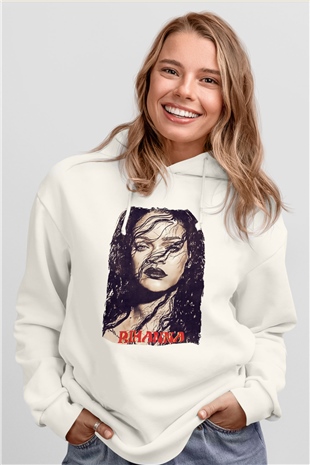 Rihanna Beyaz Unisex Kapüşonlu Sweatshirt