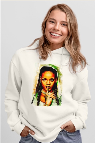 Rihanna Beyaz Unisex Kapüşonlu Sweatshirt