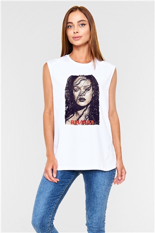 Rihanna Beyaz Unisex Kolsuz Tişört