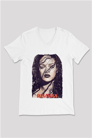 Rihanna Beyaz Unisex V Yaka Tişört