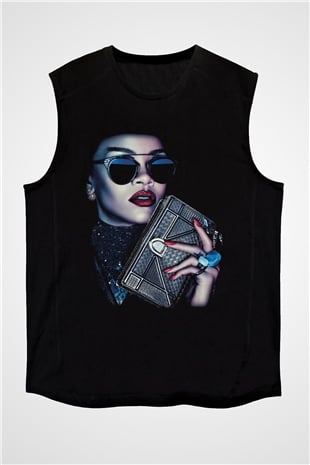 Rihanna Siyah Unisex Kolsuz Tişört