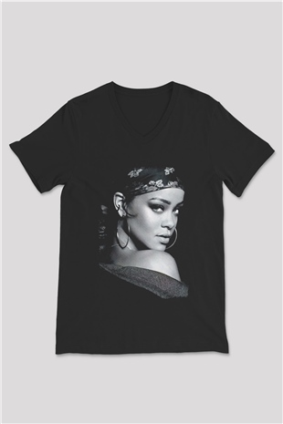 Rihanna Siyah Unisex V Yaka Tişört