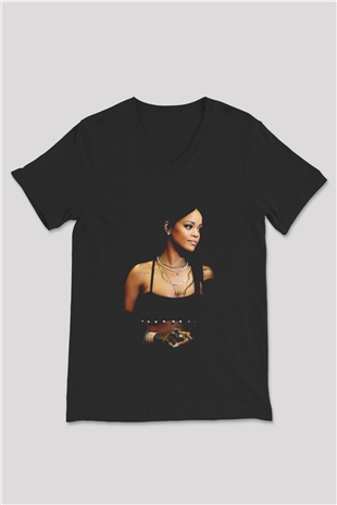 Rihanna Siyah Unisex V Yaka Tişört T-Shirt