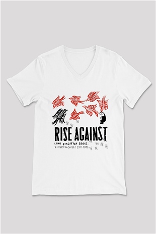 Rise Against Beyaz Unisex V Yaka Tişört T-Shirt