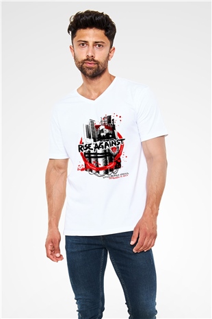 Rise Against Beyaz Unisex V Yaka Tişört T-Shirt