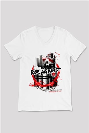 Rise Against Beyaz Unisex V Yaka Tişört T-Shirt
