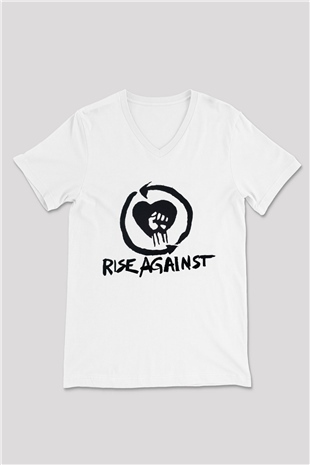 Rise Against Beyaz Unisex V Yaka Tişört