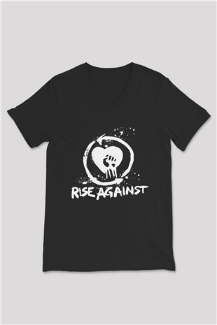 Rise Against Siyah Unisex V Yaka Tişört T-Shirt
