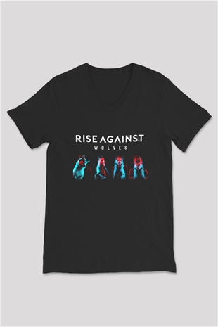 Rise Against Siyah Unisex V Yaka Tişört T-Shirt