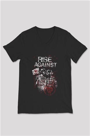 Rise Against Siyah Unisex V Yaka Tişört T-Shirt