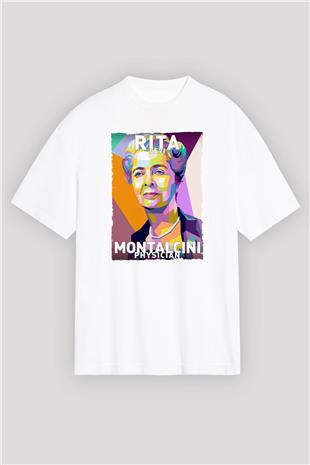 Rita Levi Montalcini Baskılı Unisex Oversize Beyaz Tişört - Tshirt