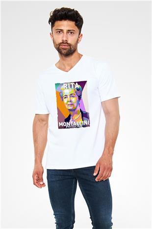 Rita Levi Montalcini Baskılı Unisex V Yaka Beyaz Tişört - Tshirt