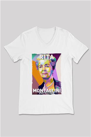 Rita Levi Montalcini Baskılı Unisex V Yaka Beyaz Tişört - Tshirt