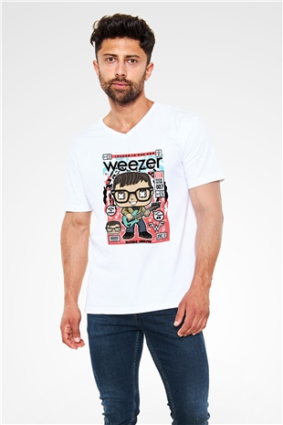Rivers Cuomo Weezer Baskılı Unisex Beyaz V Yaka Tişört