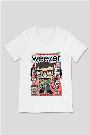 Rivers Cuomo Weezer Baskılı Unisex Beyaz V Yaka Tişört