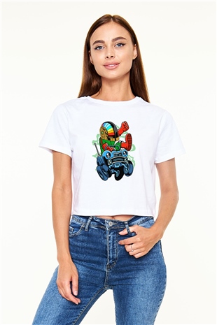 Road Daft Punk Baskılı Beyaz Kadın Crop Top Tişört
