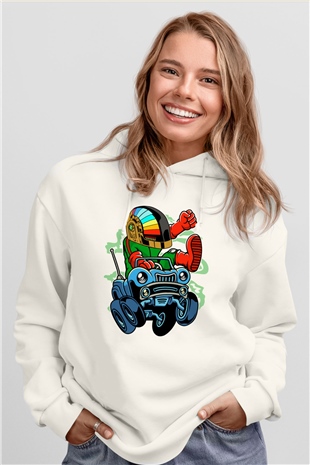 Road Daft Punk Baskılı Beyaz Unisex Hoodie