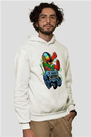 Road Daft Punk Baskılı Beyaz Unisex Hoodie